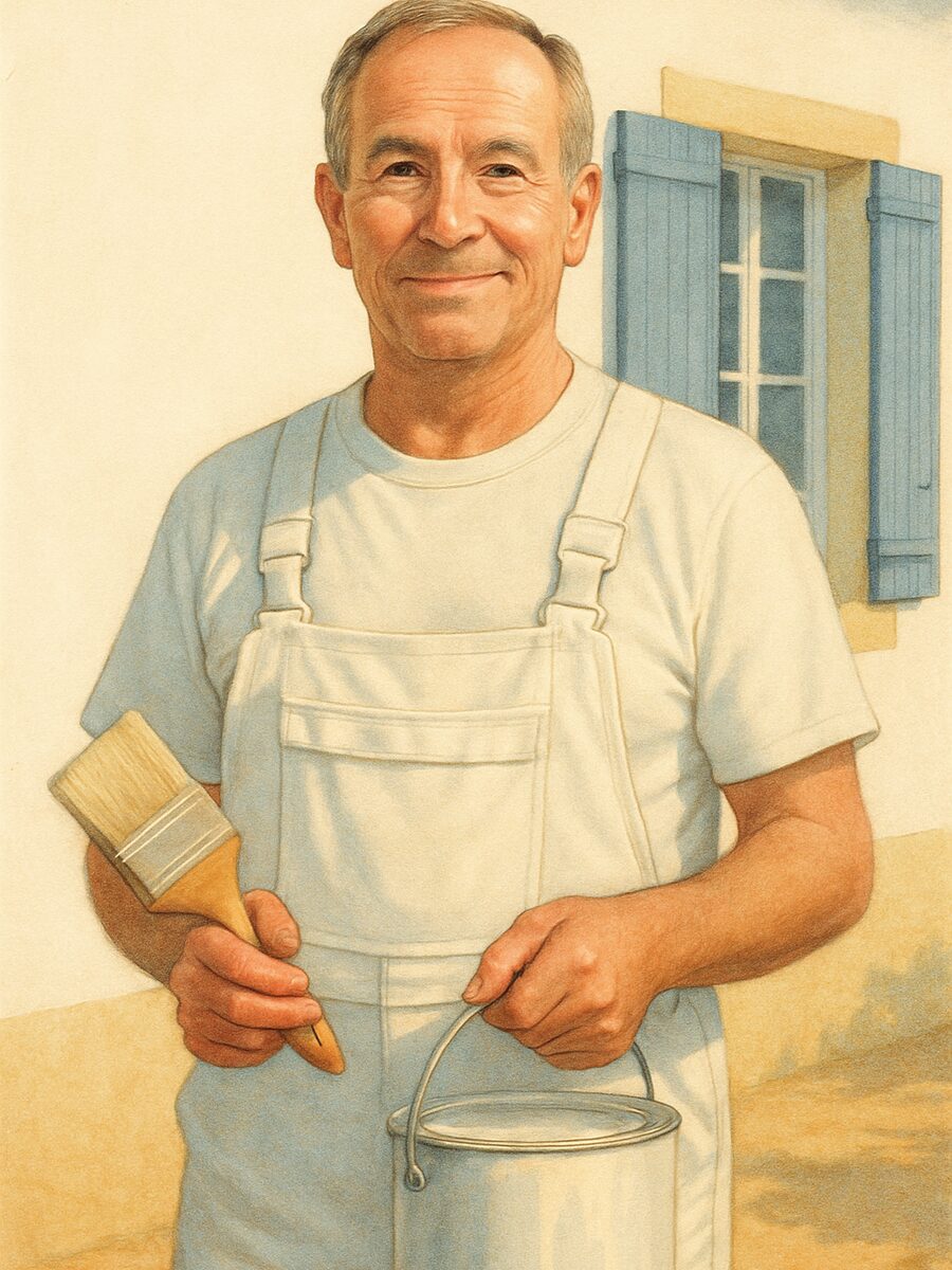 Illustration d'un peintre en bâtiment au travail devant une façade