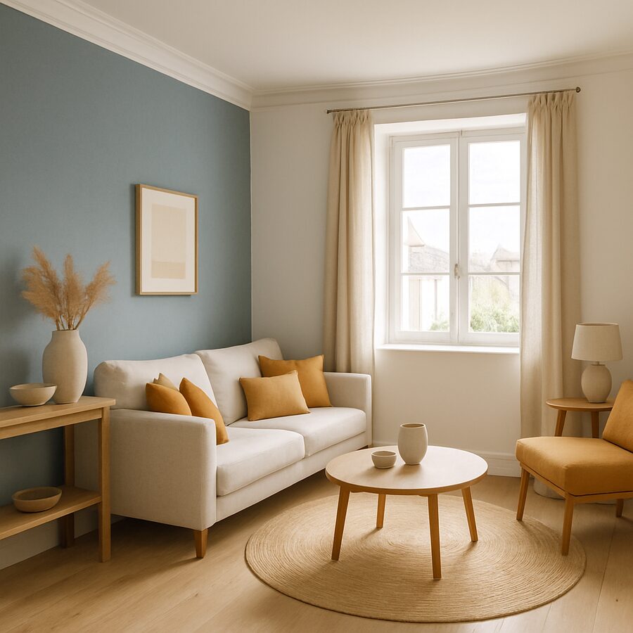 Intérieur clair fraîchement repeint avec un mur d'accent bleu-gris