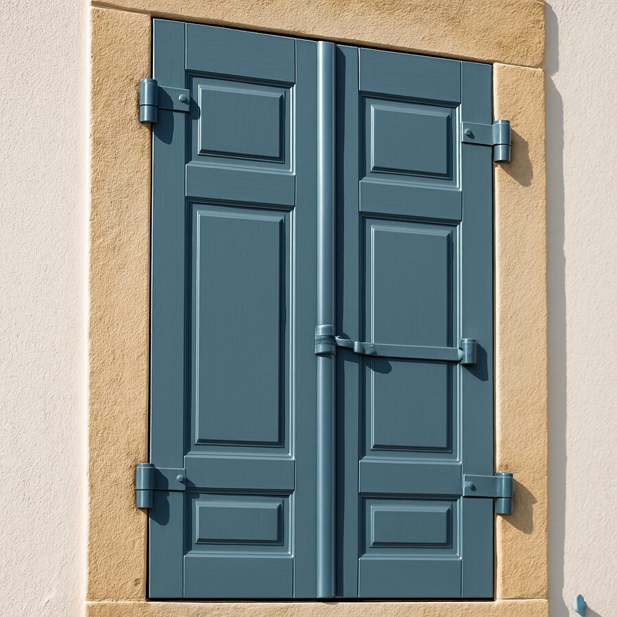 Volets en bois fraîchement repeints en bleu charentais